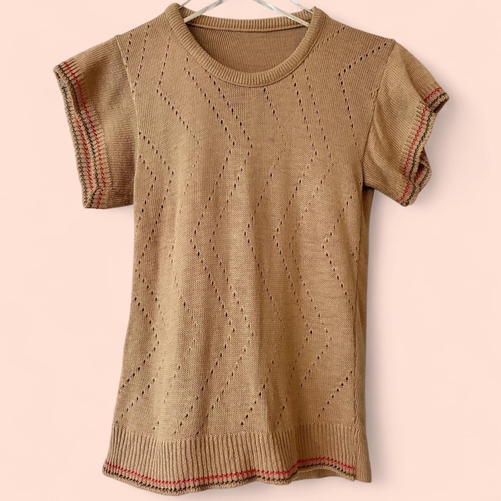 1960s Mocha Striped Pointelle Knit Light Sweater Blouse